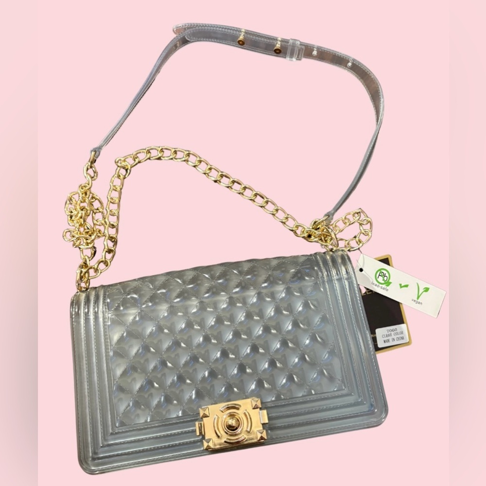 Clear Quilted Crossbody Shoulder Bag Gold Chain Strap Vegan Purse 9.75” New Tags